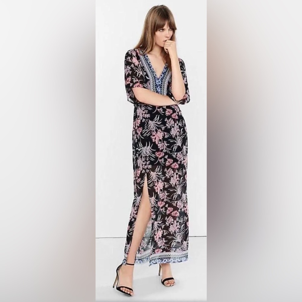 BNWOT EXPRESS KIMONO STYLE NAVY FLORAL BOHO CHIFFON PRINT MAXI DRESS SIZE SMALL